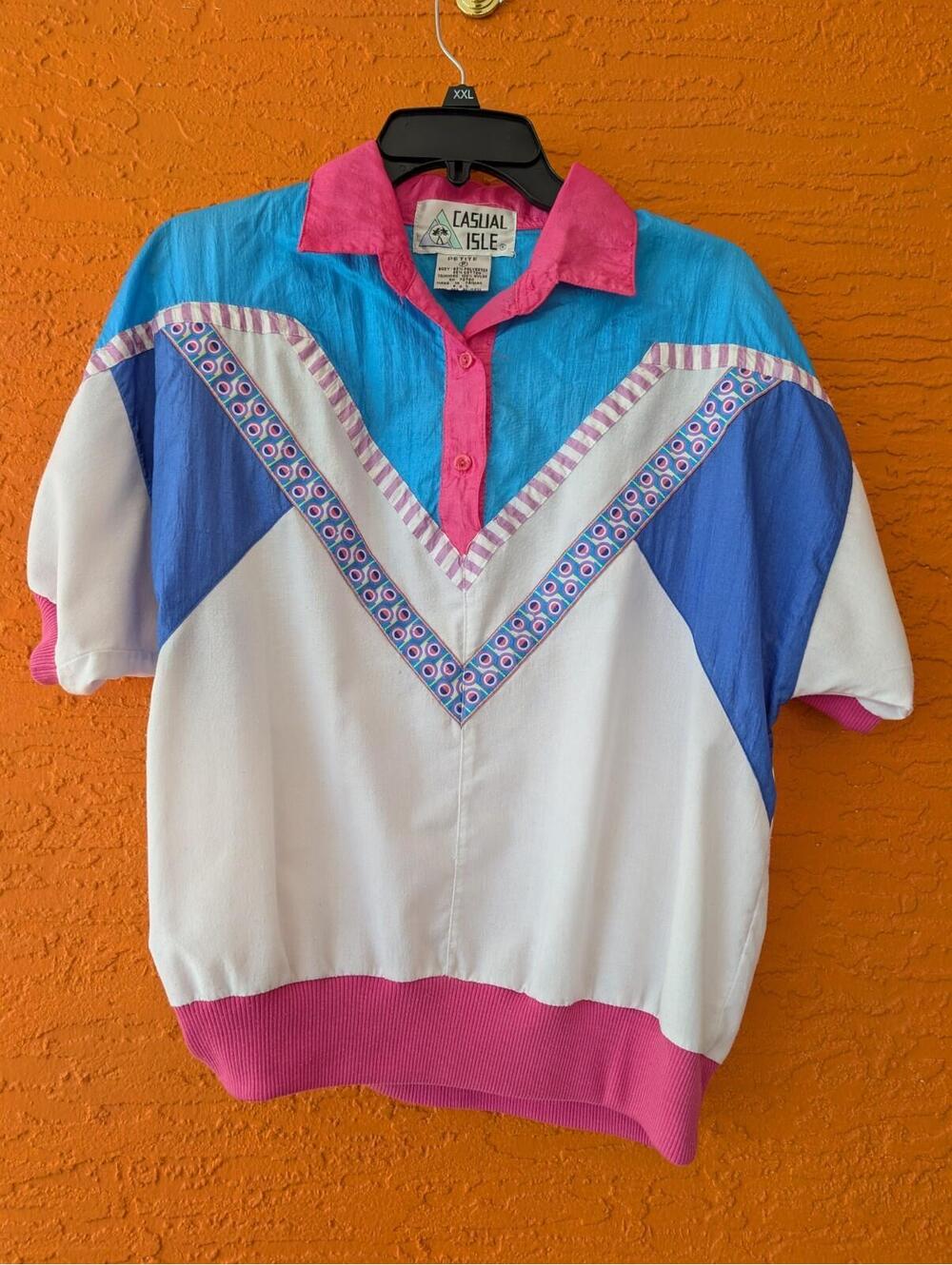 Vintage 80s Casual Isle Colorblock Polo Petite P Retro Geometric Top